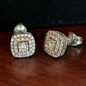 Kay Double Halo Stud Earrings 1/5 ct Diamonds Sterling Silver & Rose Gold Tiered